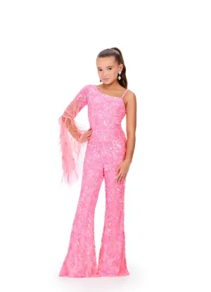 Ashley Lauren Kids 8268 Girls Beaded Pageant Jumpsuit Long Feather Bell Sleeve Fun Fashion