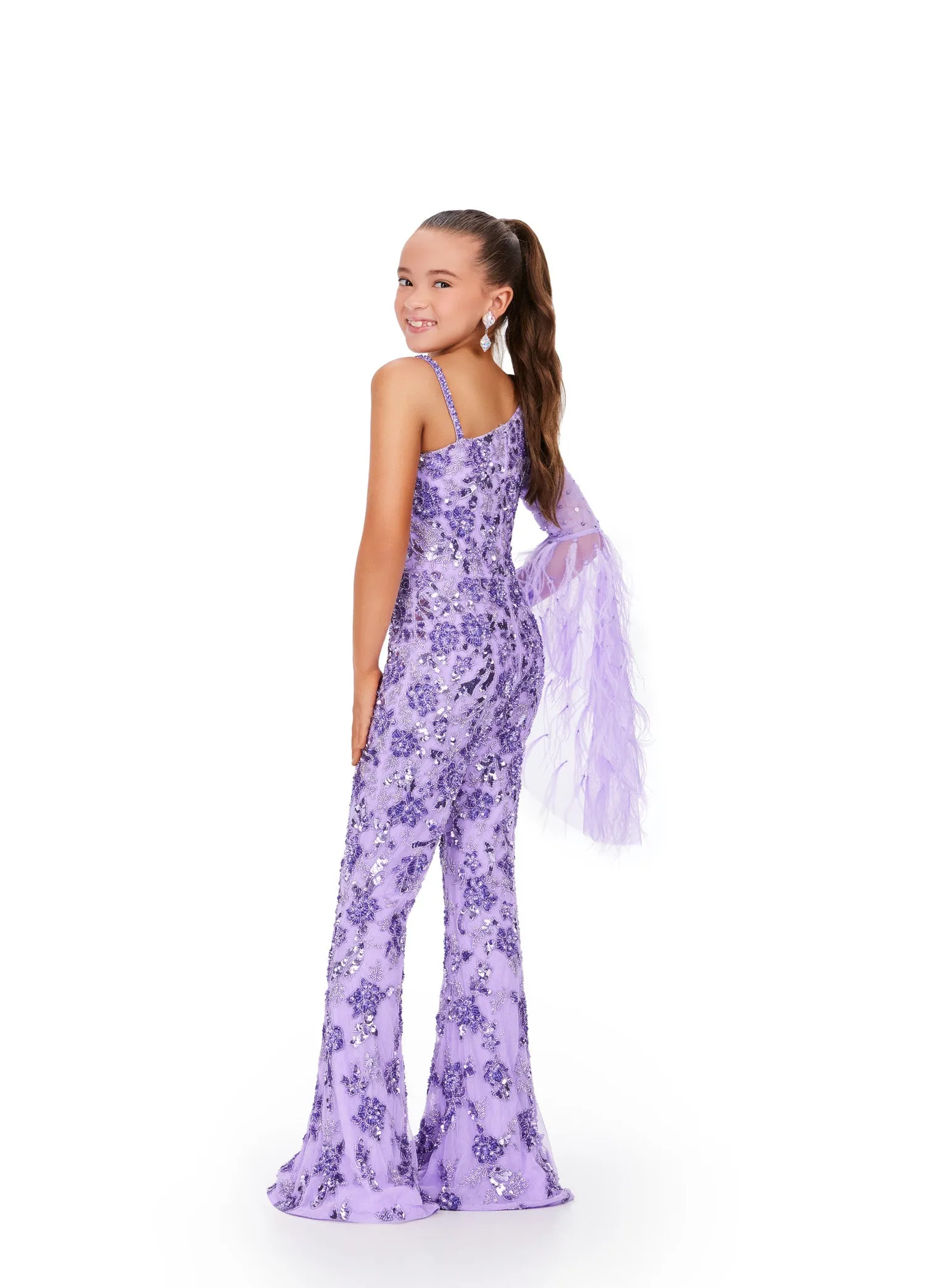 Ashley Lauren Kids 8268 Girls Beaded Pageant Jumpsuit Long Feather Bell Sleeve Fun Fashion