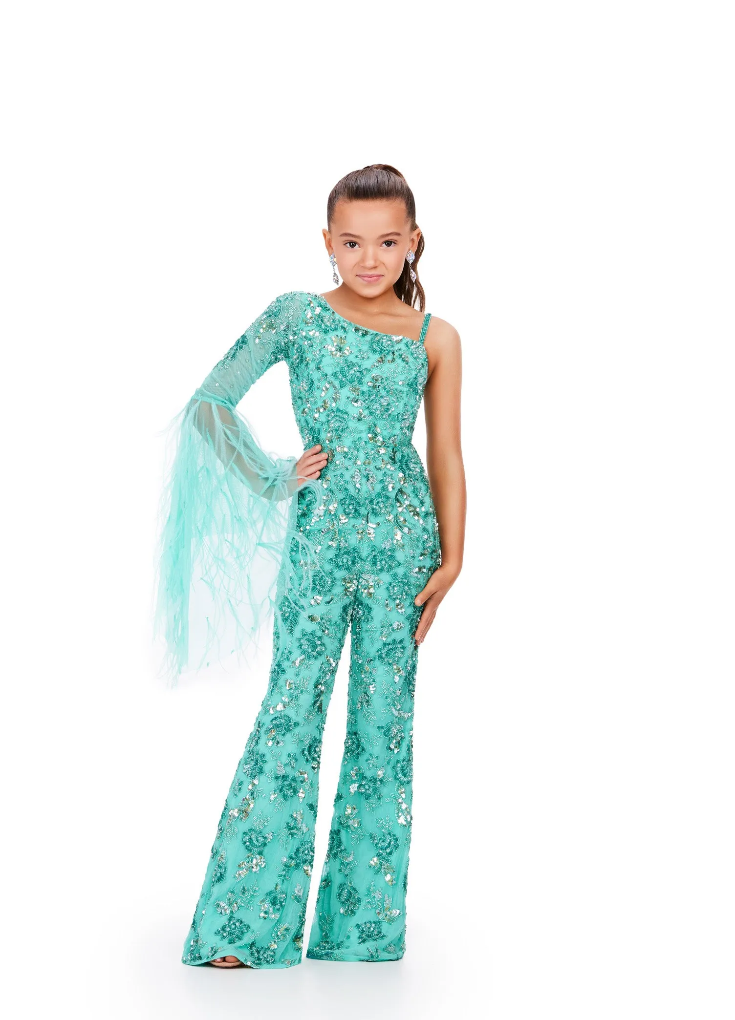 Ashley Lauren Kids 8268 Girls Beaded Pageant Jumpsuit Long Feather Bell Sleeve Fun Fashion