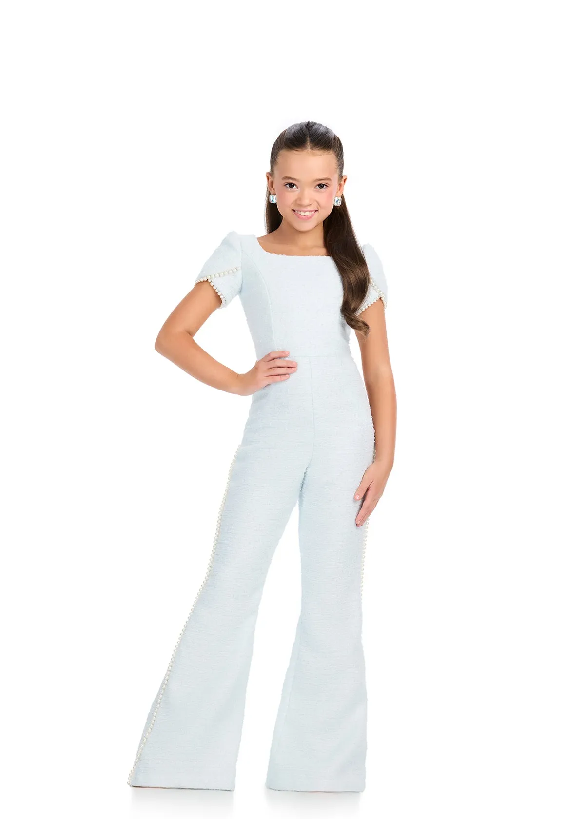 Ashley Lauren Kids 8309 Size 12 Sky Tweed Pageant Jumpsuit Pearl Puff Sleeve Girls Interview Appearance