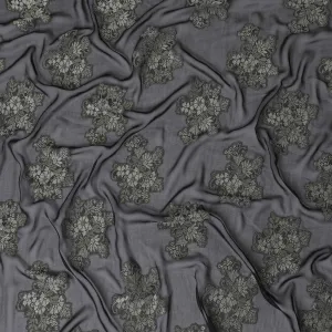 Black synthetic chiffon fabric with grey viscose and same tone metallic lurex in floral design-D11892