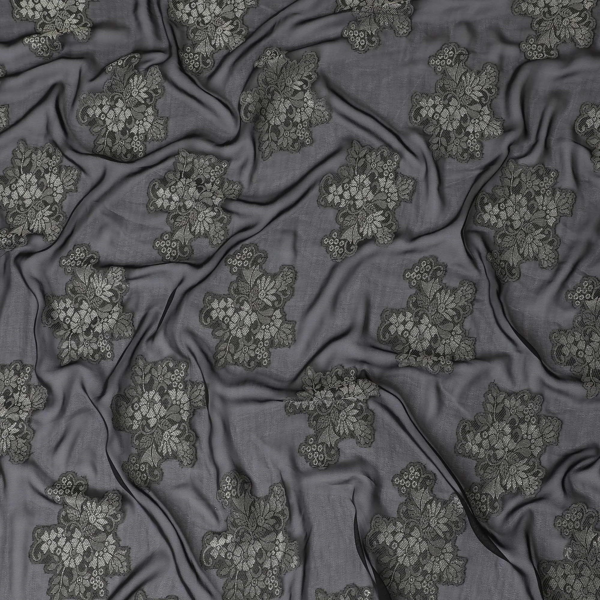 Black synthetic chiffon fabric with grey viscose and same tone metallic lurex in floral design-D11892