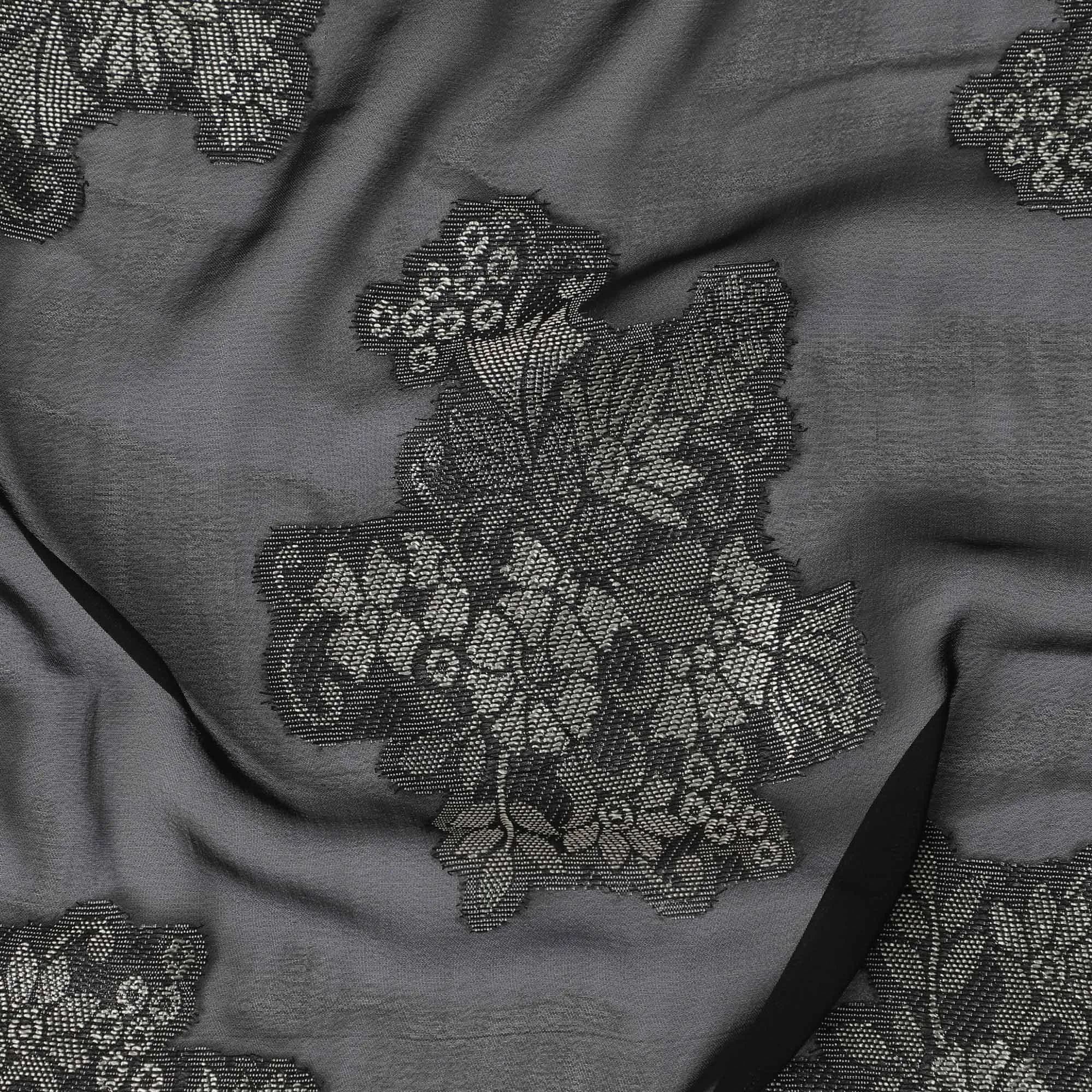 Black synthetic chiffon fabric with grey viscose and same tone metallic lurex in floral design-D11892