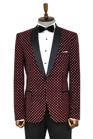 Dot Patterned Slim Fit Burgundy Men Dinner Jacket - Wessi