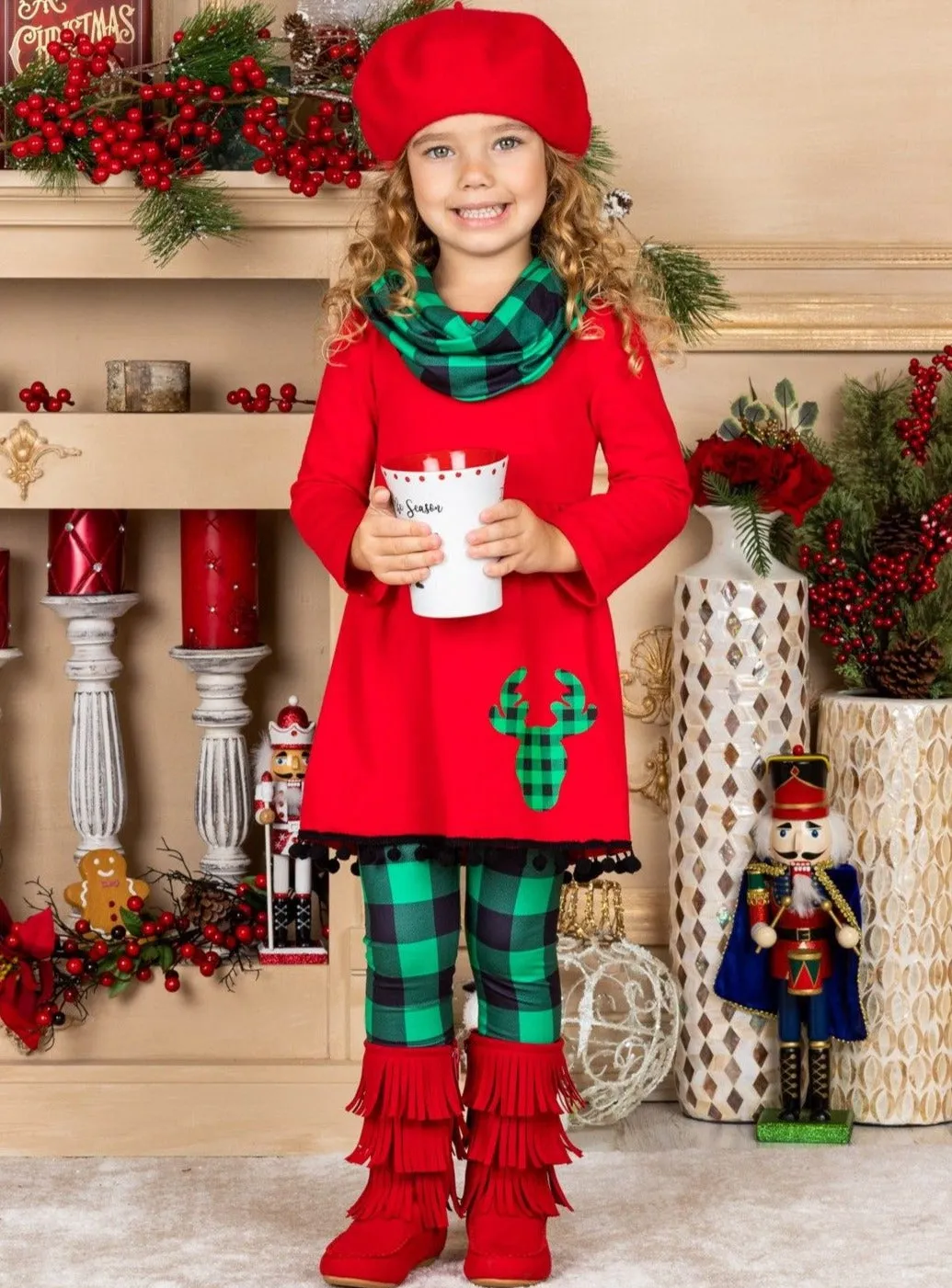 Girls Long Sleeve Reindeer Tunic, Plaid Leggings And Scarf Set