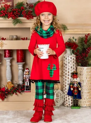 Girls Long Sleeve Reindeer Tunic, Plaid Leggings And Scarf Set