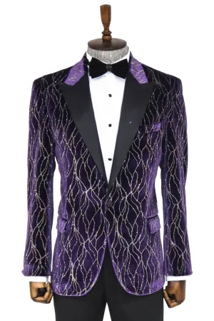 Gold Patterned Purple Men Singer Tuxedo  Blazer - Wessi