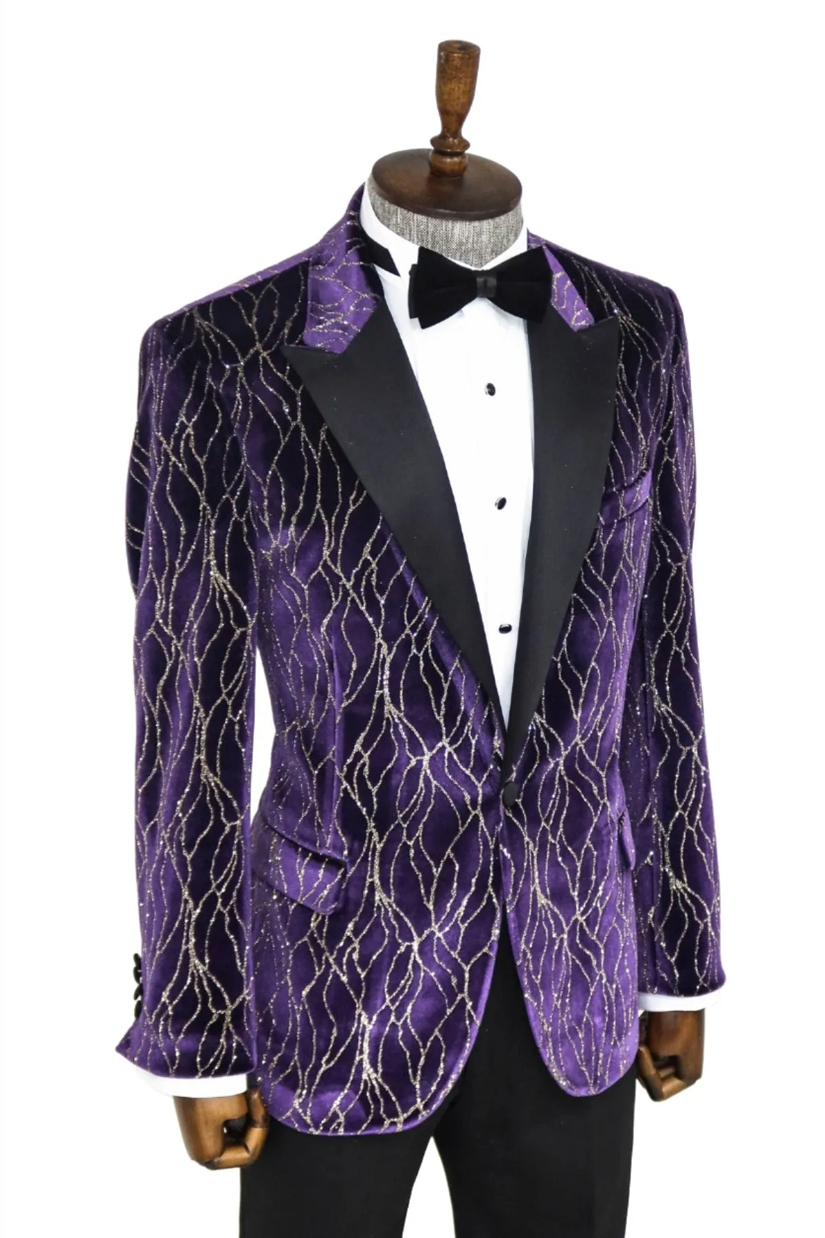 Gold Patterned Purple Men Singer Tuxedo  Blazer - Wessi