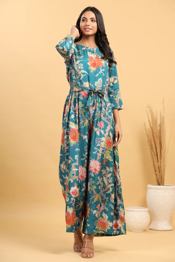 Multicolored Jaal on Russian Silk Teal Jumpsuit