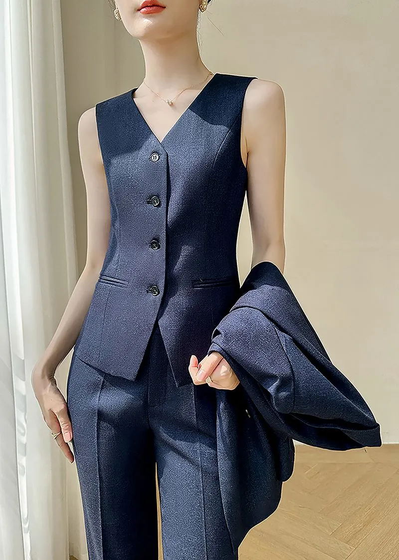 Navy Blue Double Breasted Blazer Vest Pants Suit Three-Piece Set