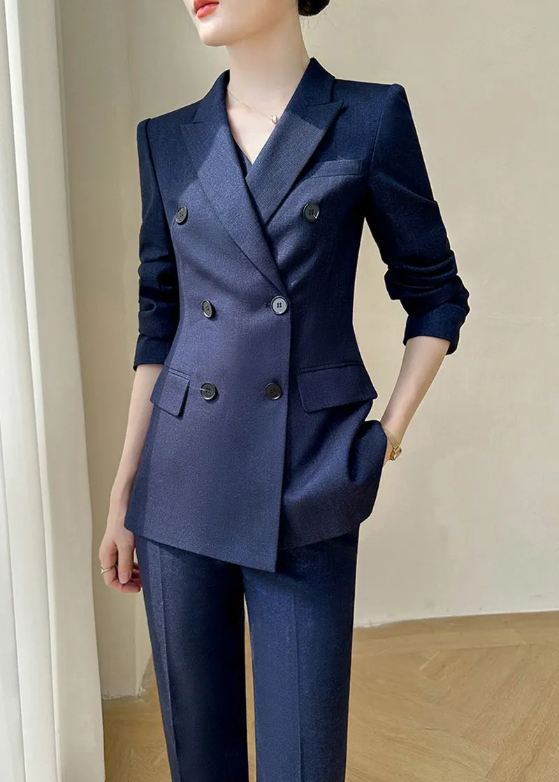 Navy Blue Double Breasted Blazer Vest Pants Suit Three-Piece Set