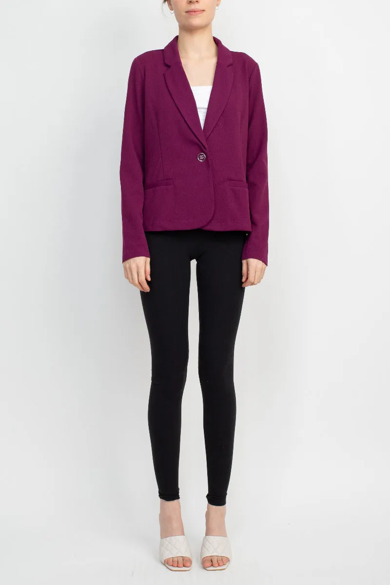 Nina Leonard Collar Neck One Button Long Sleeve Crepe Blazer