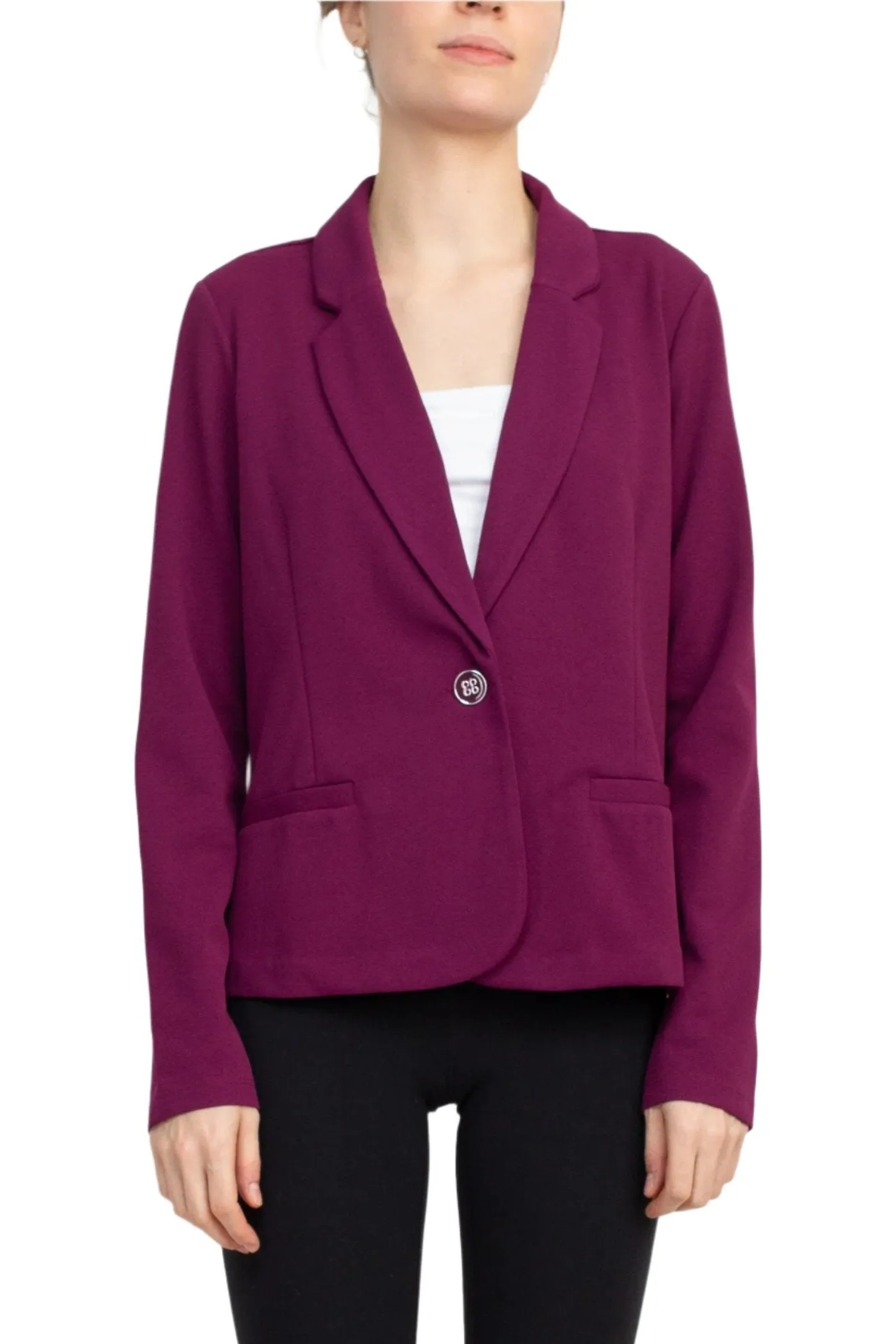 Nina Leonard Collar Neck One Button Long Sleeve Crepe Blazer