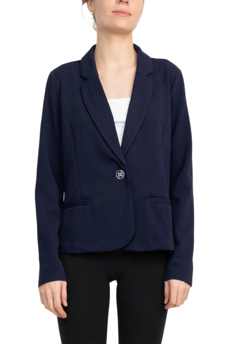 Nina Leonard Collar Neck One Button Long Sleeve Crepe Blazer