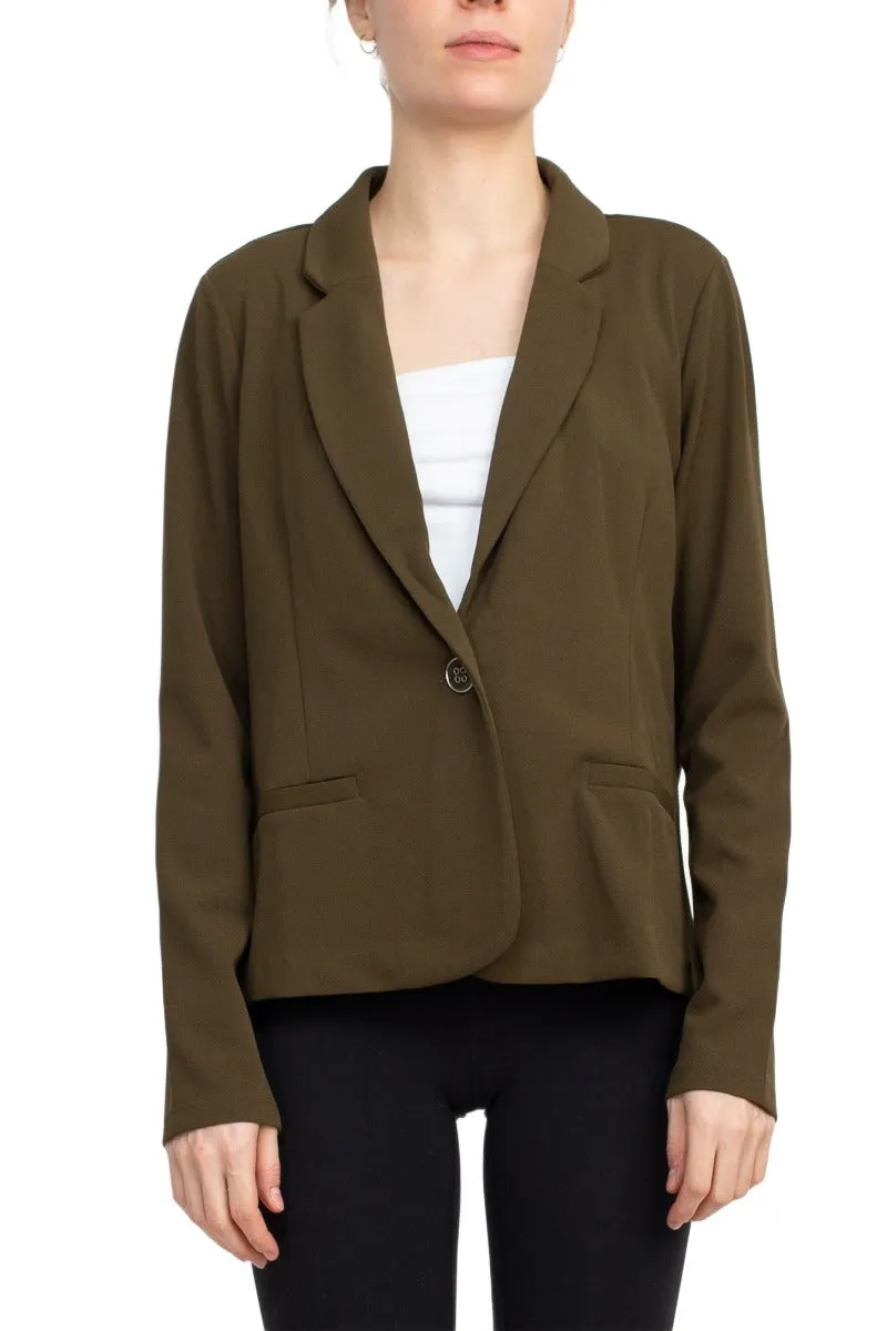 Nina Leonard Collar Neck One Button Long Sleeve Crepe Blazer