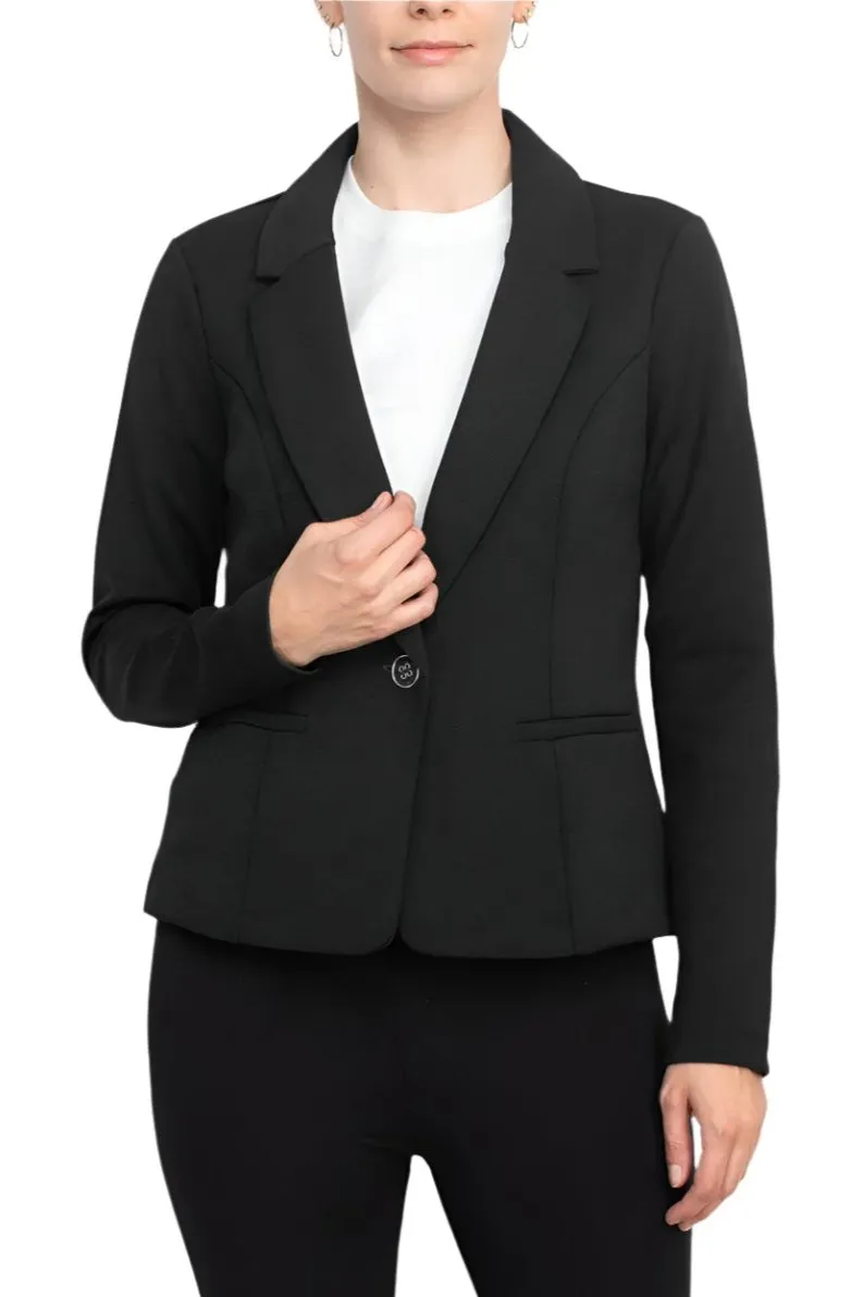 Nina Leonard Collar Neck One Button Long Sleeve Crepe Blazer