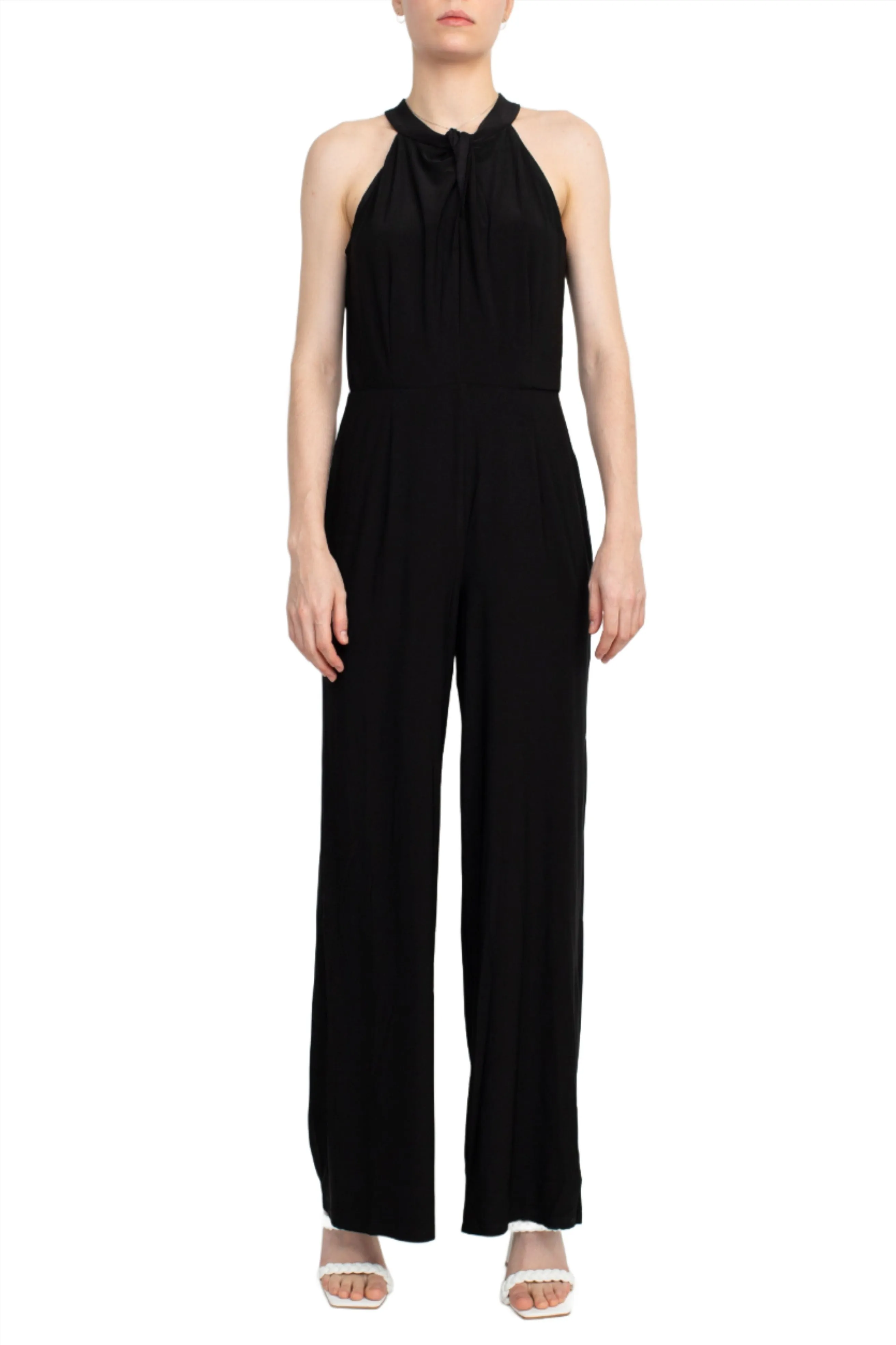 Nina Leonard Crossed Neck Sleeveless Keyhole Back Solid Jersey Jumpsuit