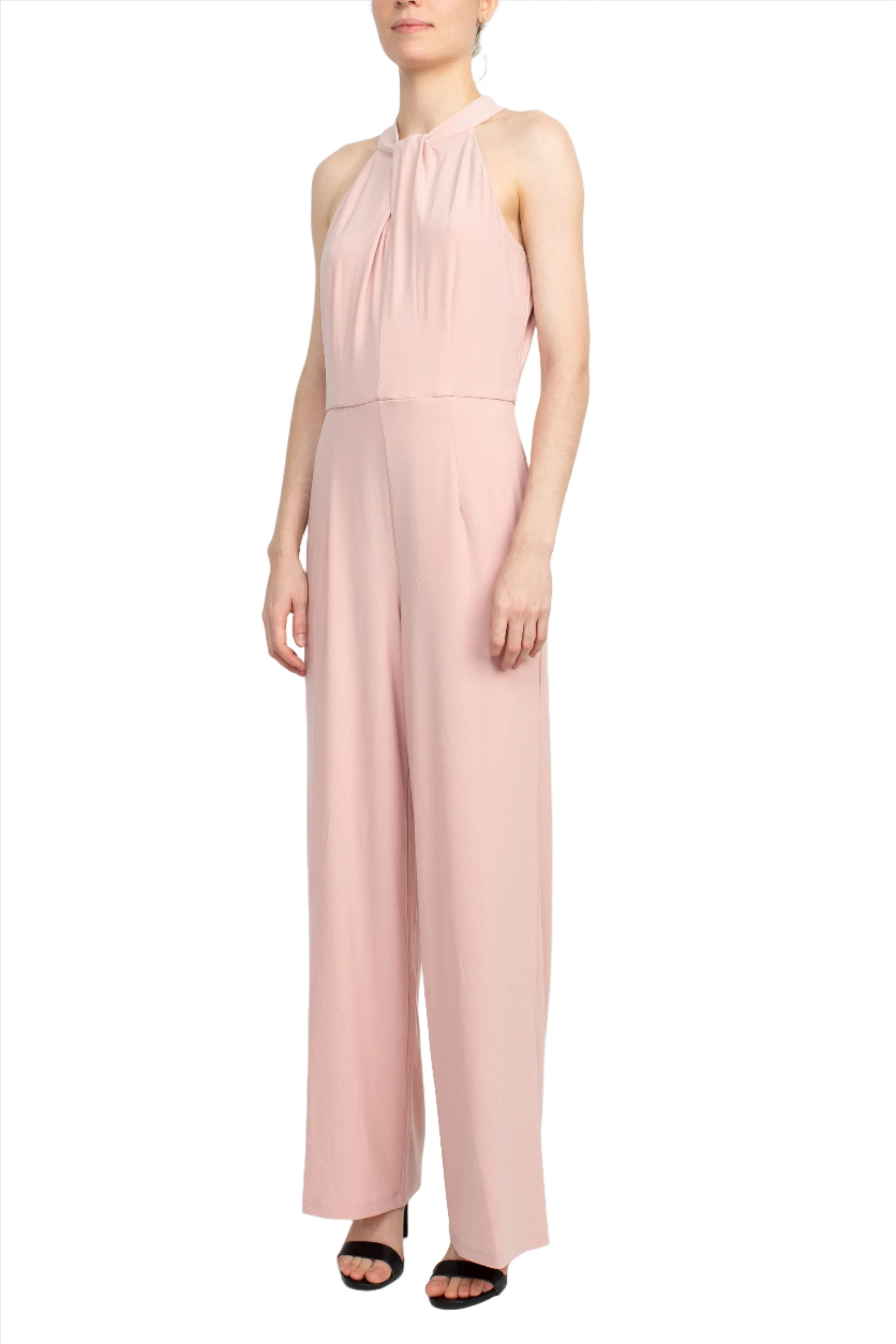 Nina Leonard Crossed Neck Sleeveless Keyhole Back Solid Jersey Jumpsuit