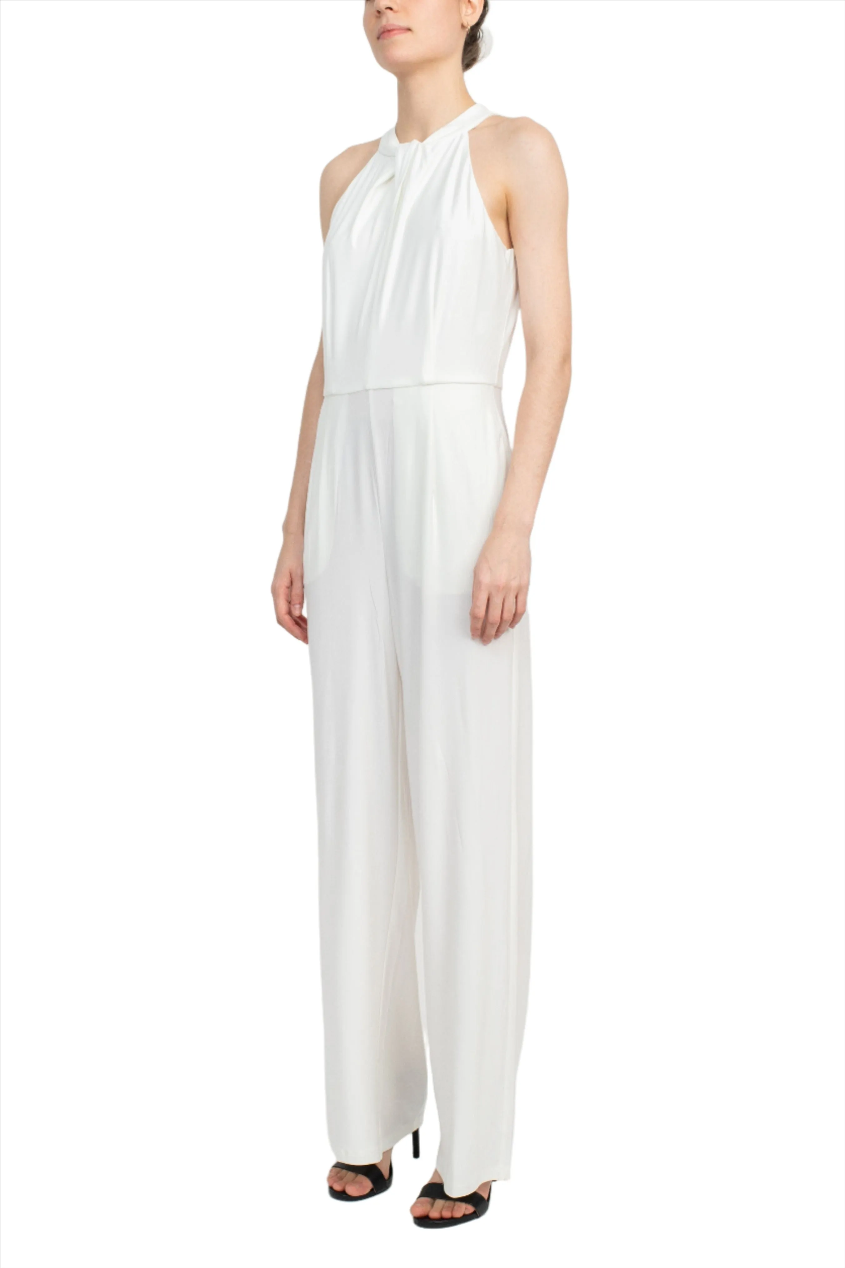 Nina Leonard Crossed Neck Sleeveless Keyhole Back Solid Jersey Jumpsuit