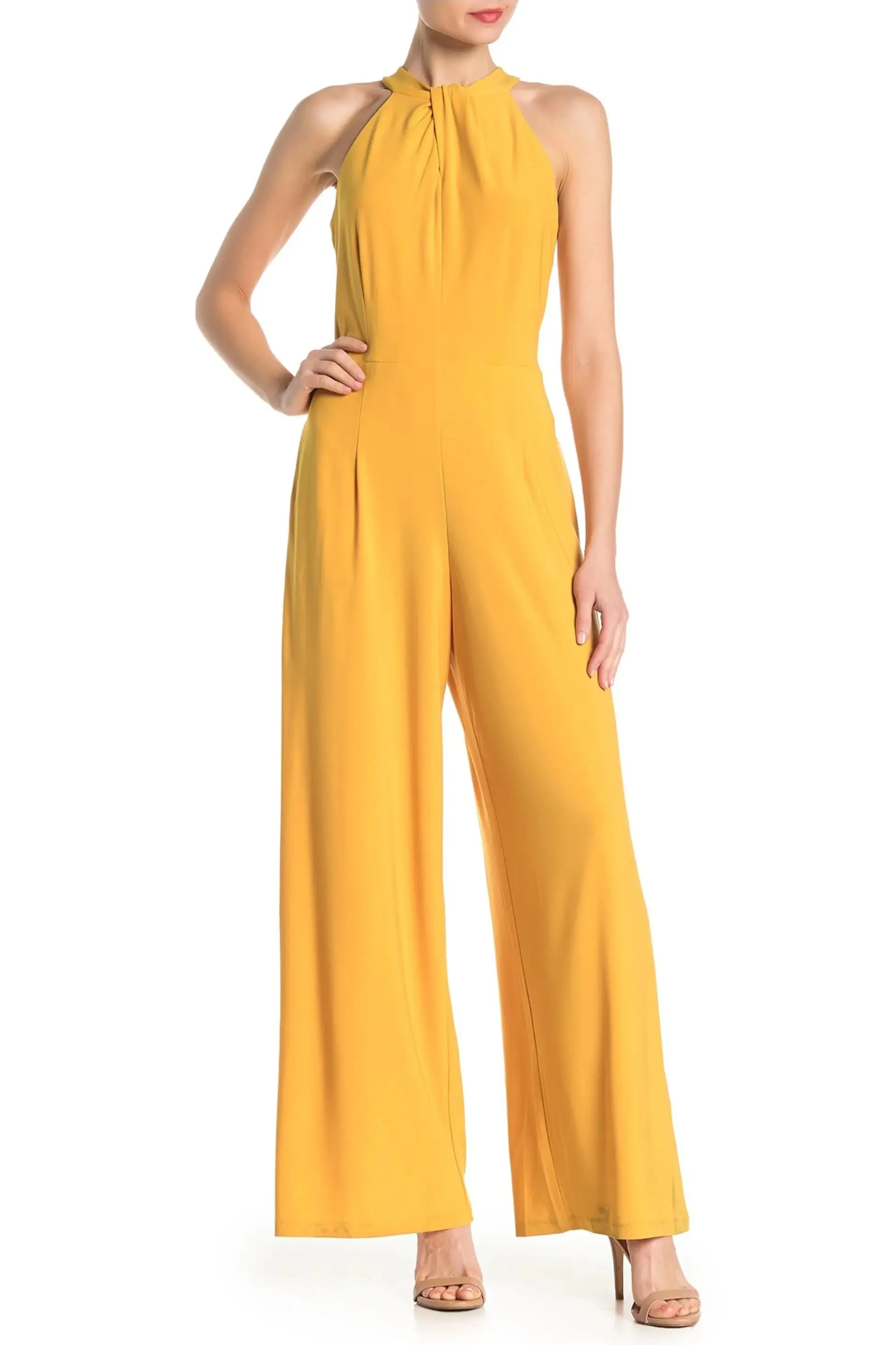 Nina Leonard Crossed Neck Sleeveless Keyhole Back Solid Jersey Jumpsuit