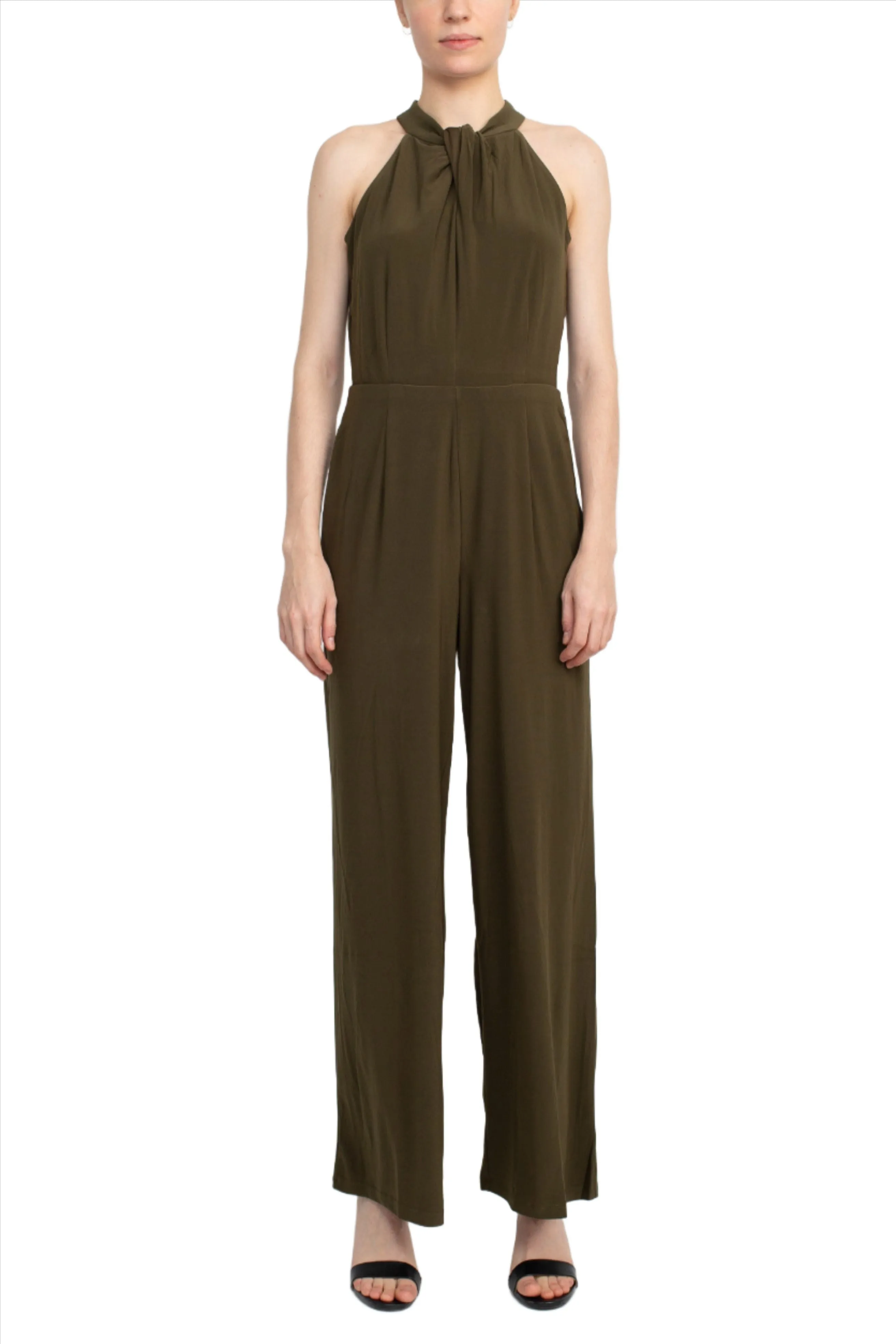 Nina Leonard Crossed Neck Sleeveless Keyhole Back Solid Jersey Jumpsuit