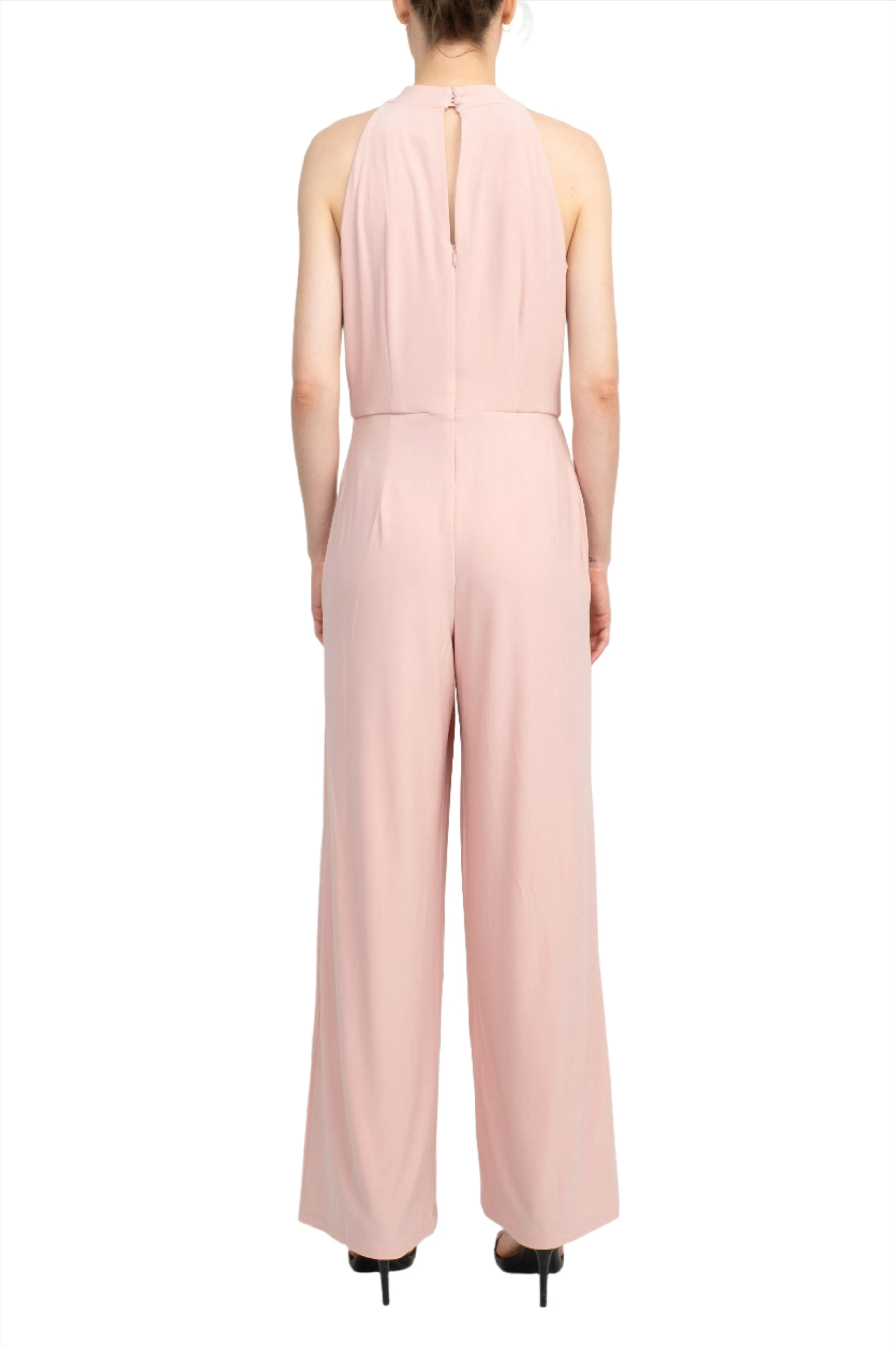 Nina Leonard Crossed Neck Sleeveless Keyhole Back Solid Jersey Jumpsuit