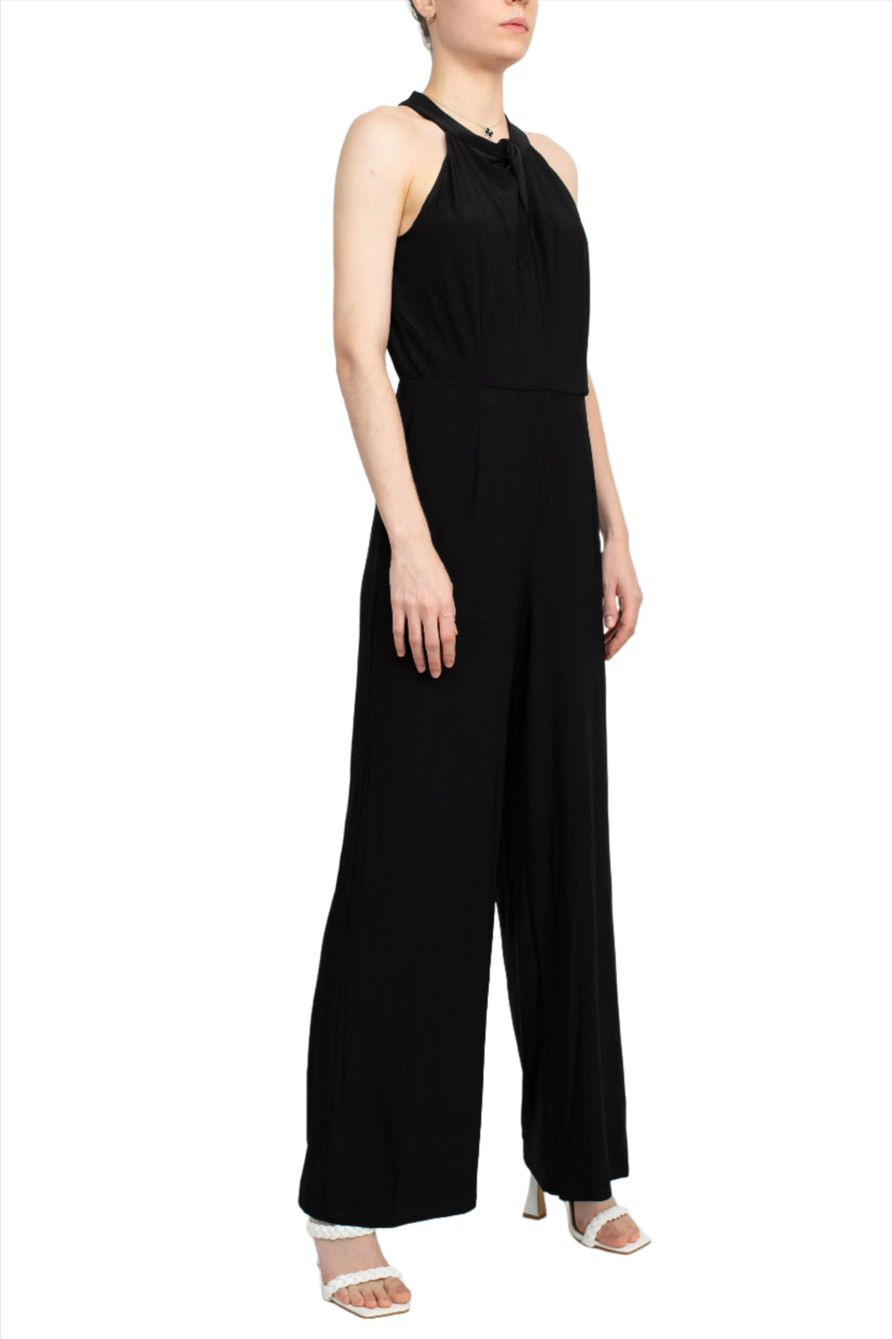 Nina Leonard Crossed Neck Sleeveless Keyhole Back Solid Jersey Jumpsuit