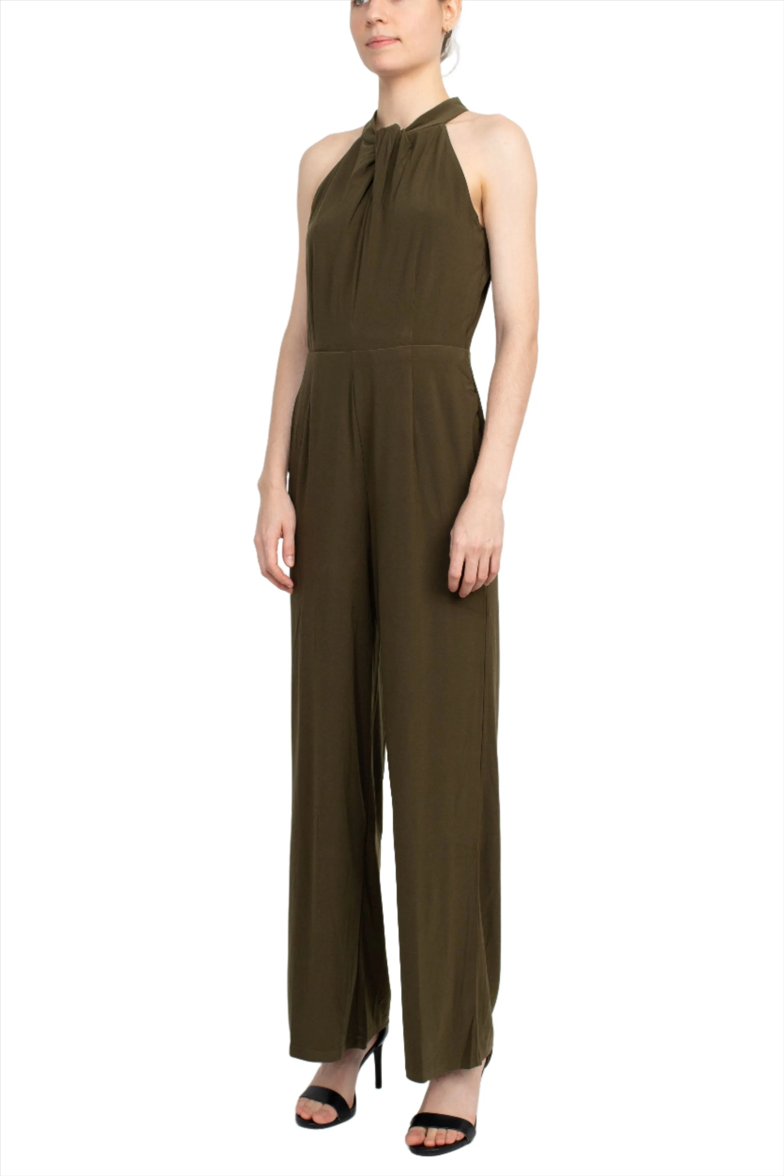 Nina Leonard Crossed Neck Sleeveless Keyhole Back Solid Jersey Jumpsuit