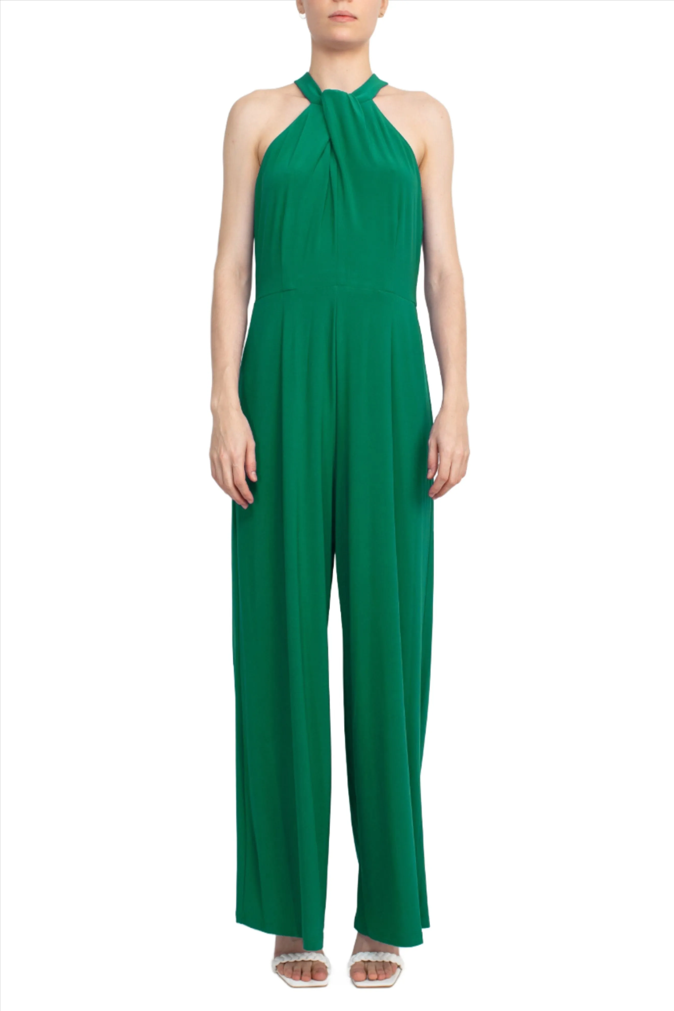 Nina Leonard Crossed Neck Sleeveless Keyhole Back Solid Jersey Jumpsuit