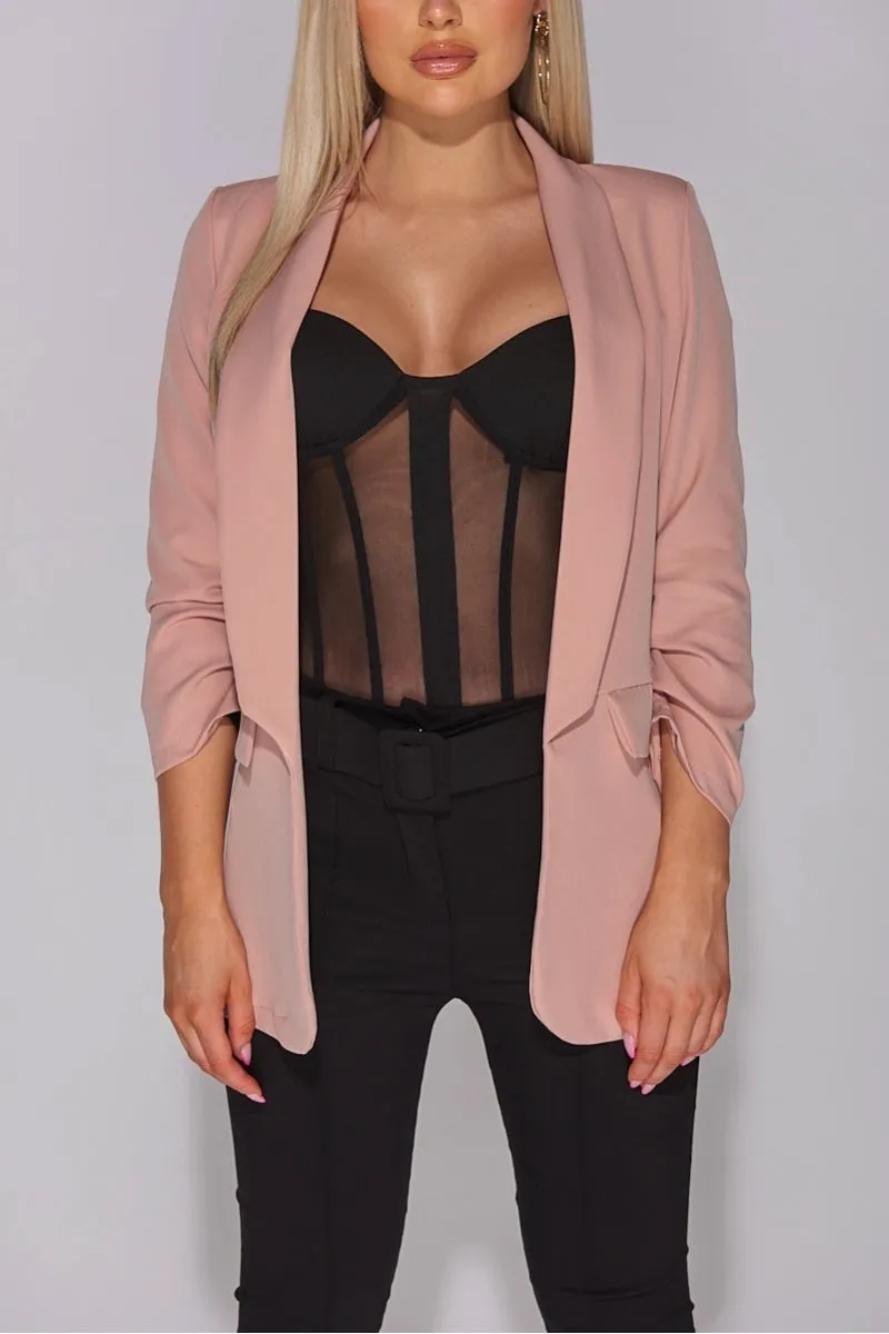 Nude Lapel Detail Ruched Sleeve Blazer