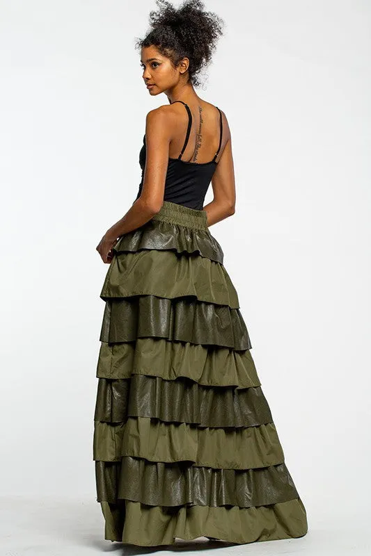 Olive Faux Leather Layered Maxi Skirt With Ruffles