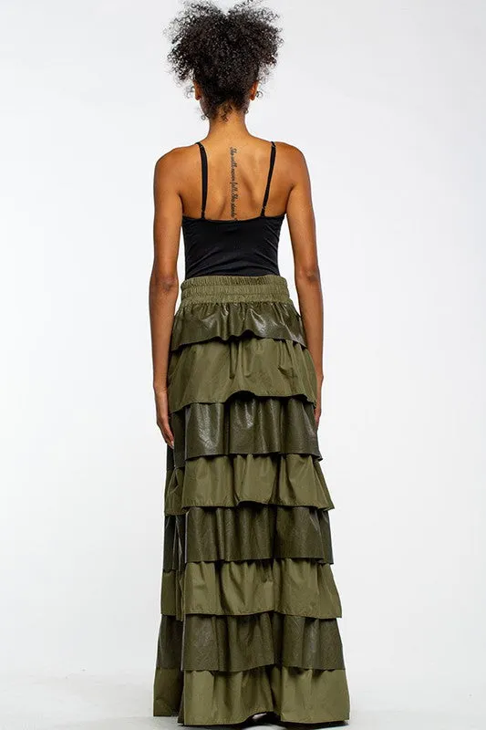 Olive Faux Leather Layered Maxi Skirt With Ruffles