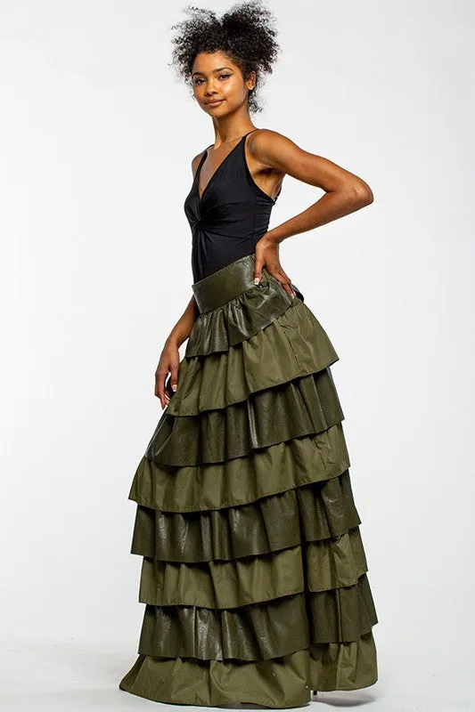 Olive Faux Leather Layered Maxi Skirt With Ruffles