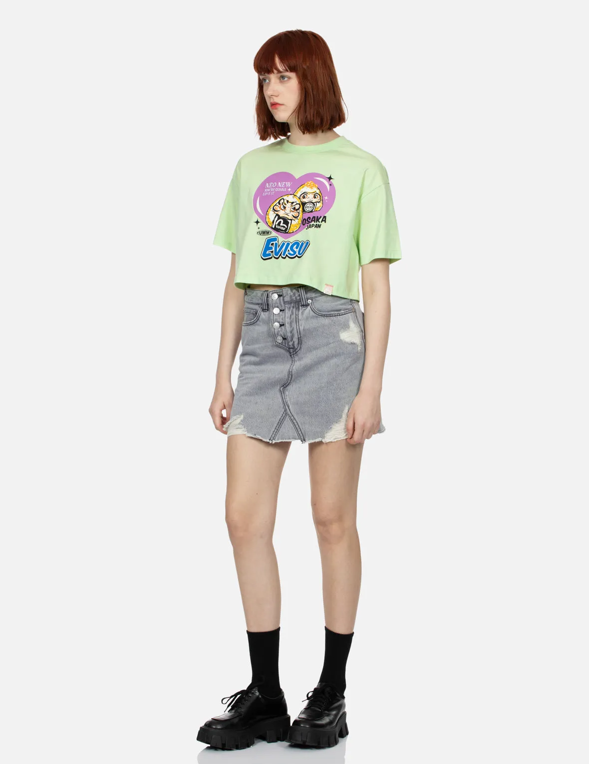 Onigiri Daruma and Heart Print Cropped T-shirt