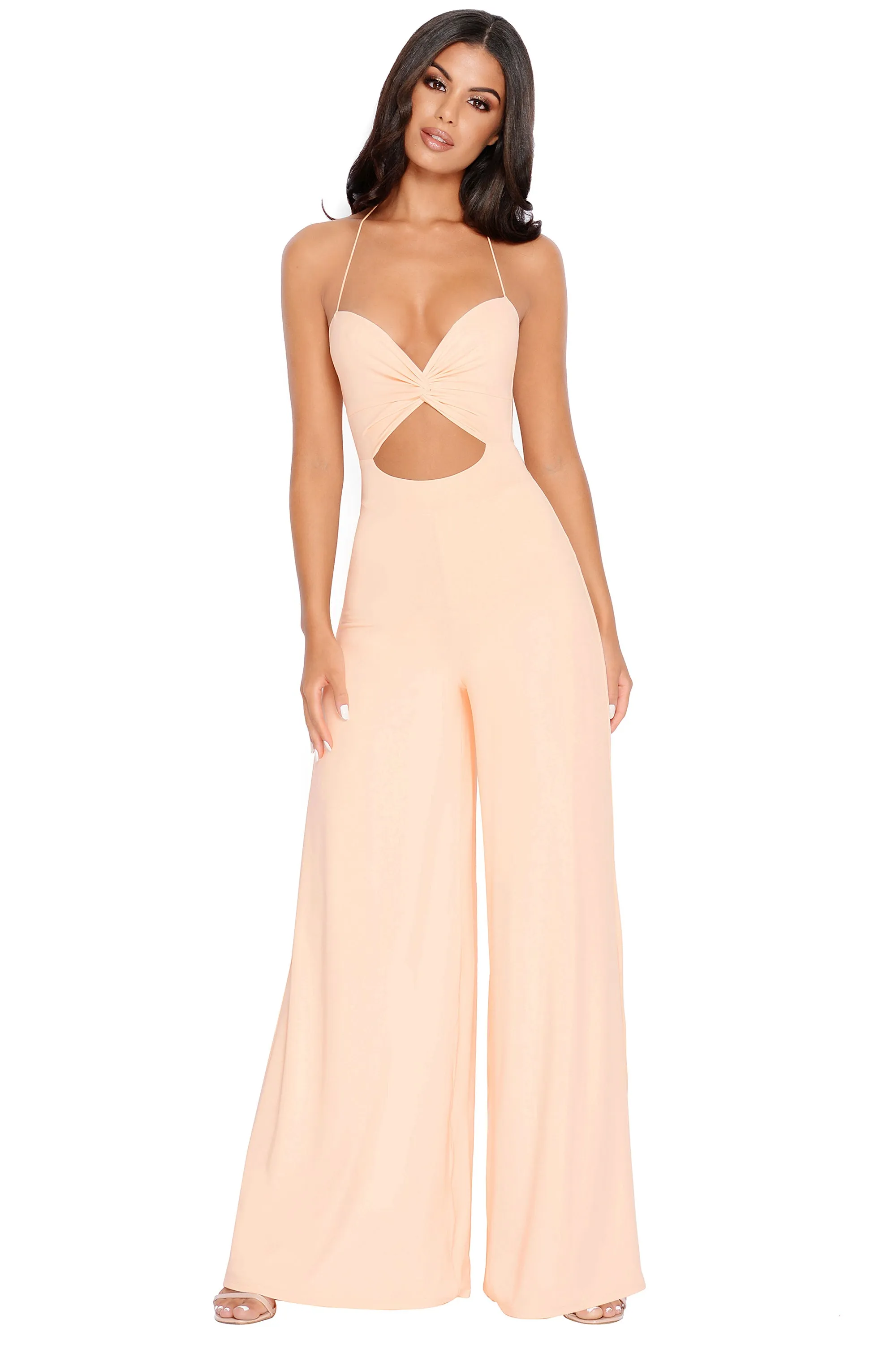 PETITE Don't Get It Twisted Cut Out Wide Leg Jumpsuit in Peach