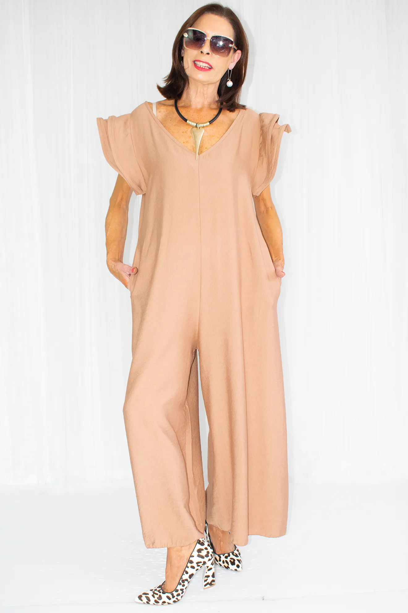 Ravello Ruffle Sleeve Wide Leg Jumpsuit in Camel