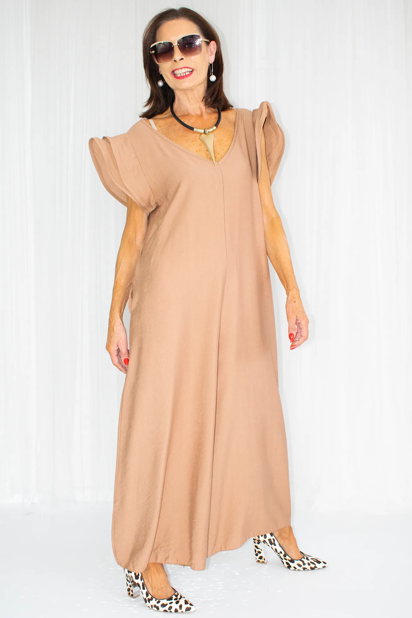 Ravello Ruffle Sleeve Wide Leg Jumpsuit in Camel