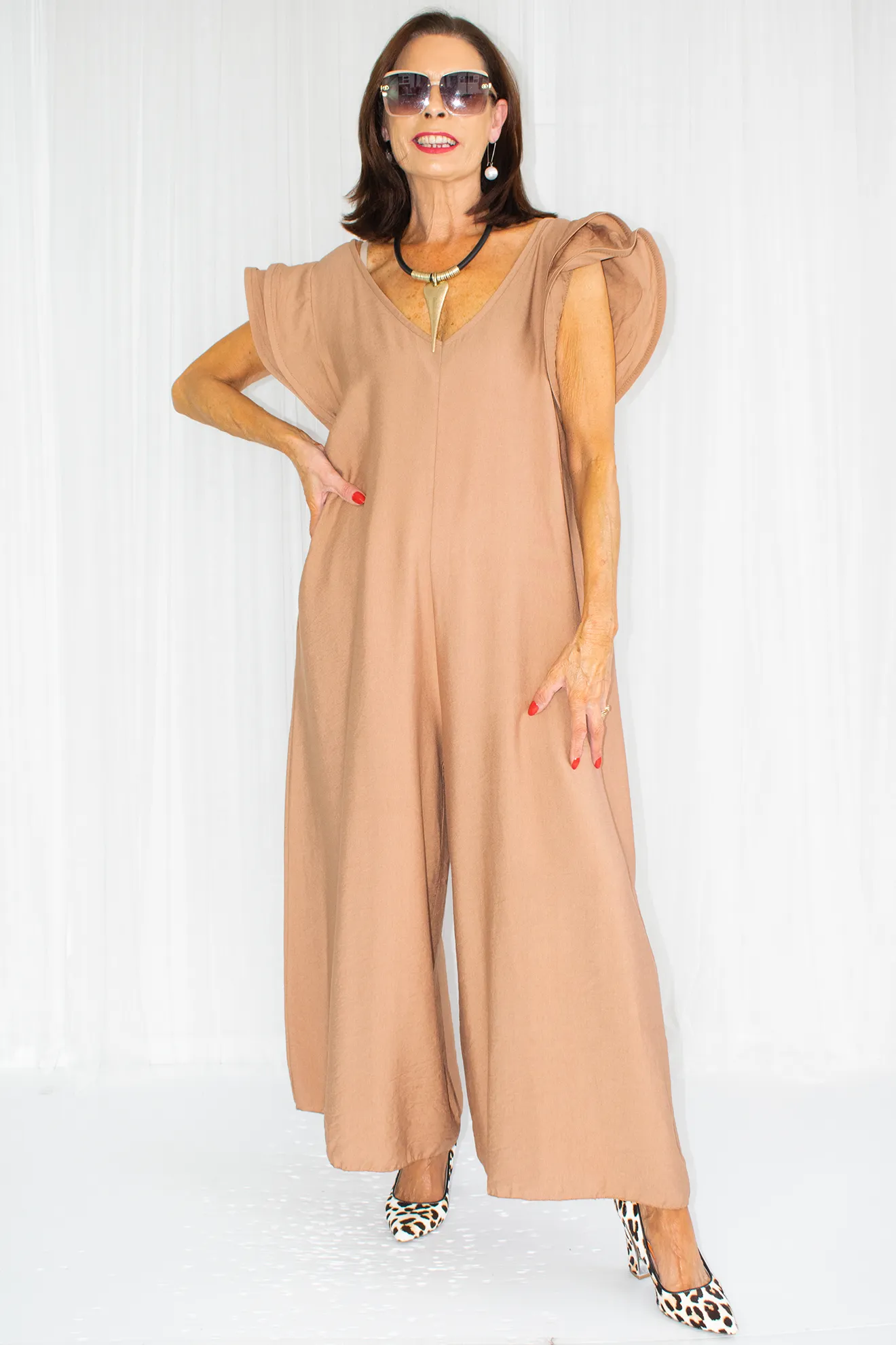 Ravello Ruffle Sleeve Wide Leg Jumpsuit in Camel