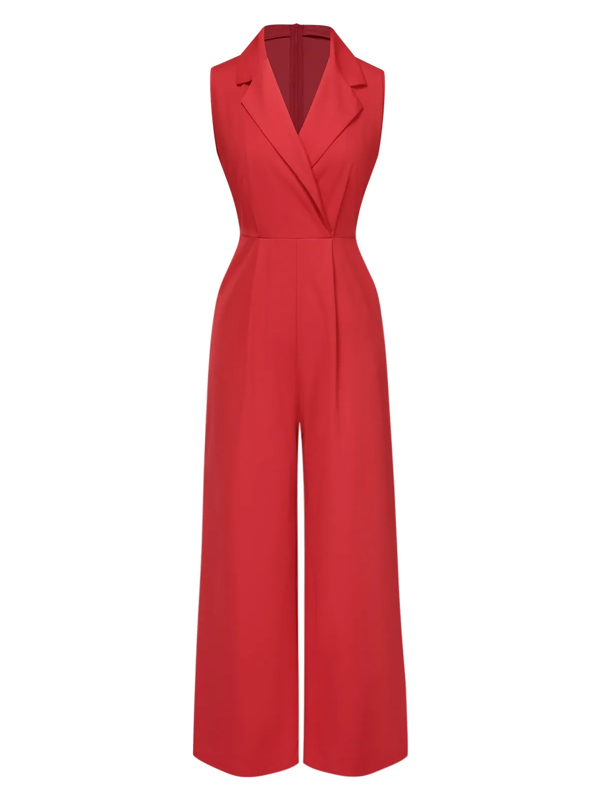 Red 1930s Solid Lapel Wide Leg Jumpsuit