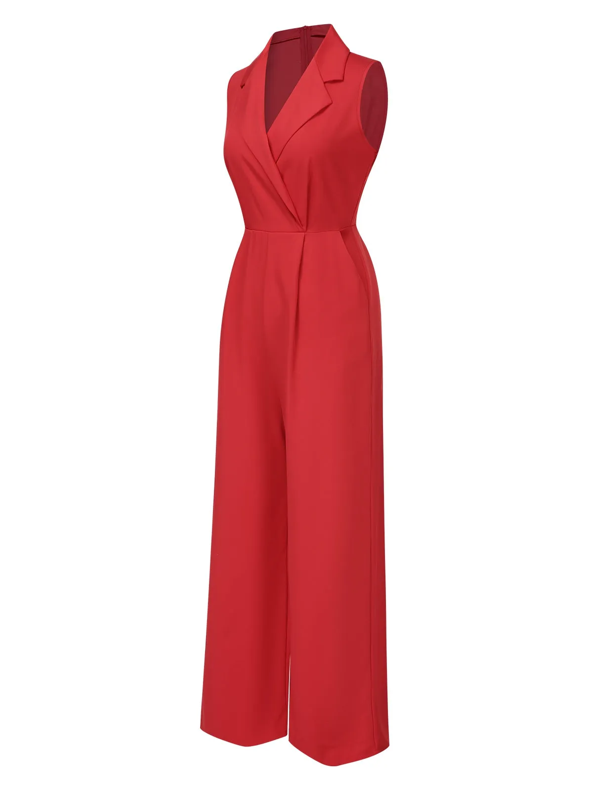 Red 1930s Solid Lapel Wide Leg Jumpsuit