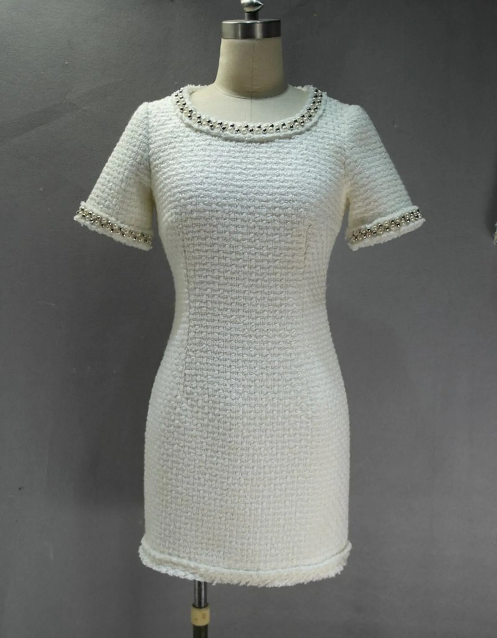 Sheath Custom Made Pearls White WOOL Tweed Dress