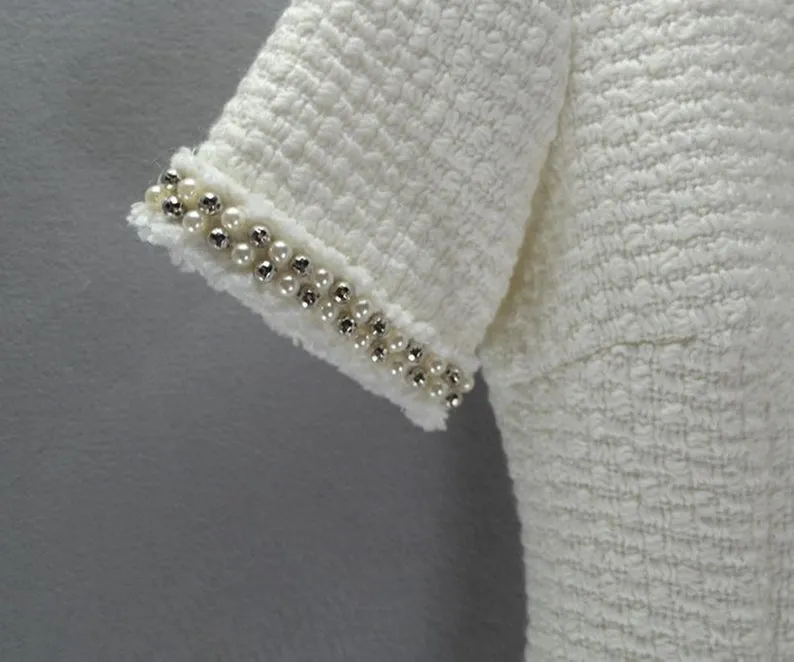 Sheath Custom Made Pearls White WOOL Tweed Dress