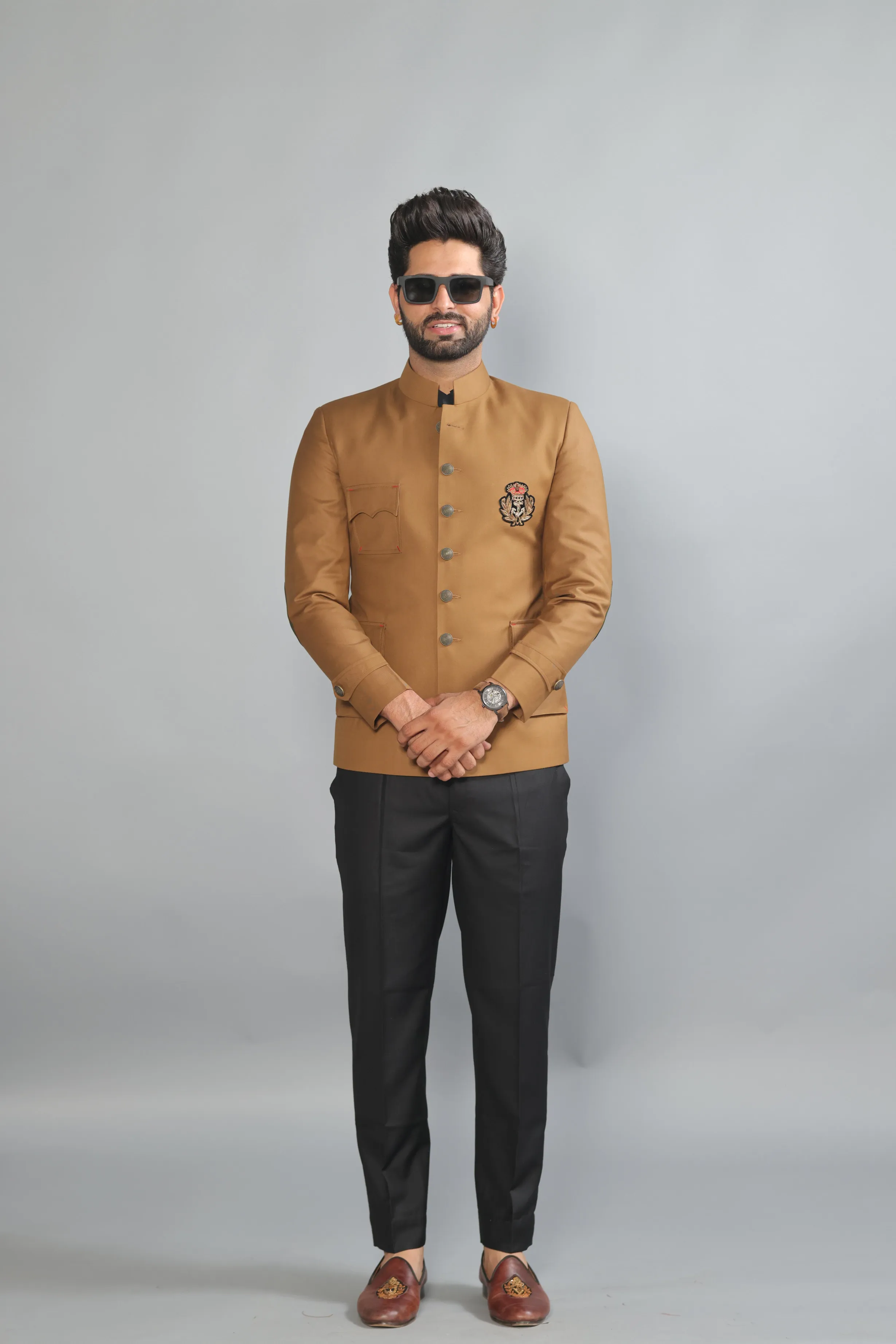 Stunning Camel Brown Bandhgala With Zardozi Embroidered Patch | Black Trouser | Free Personalisation Handmade | Perfect for Wedding and Party Wear |