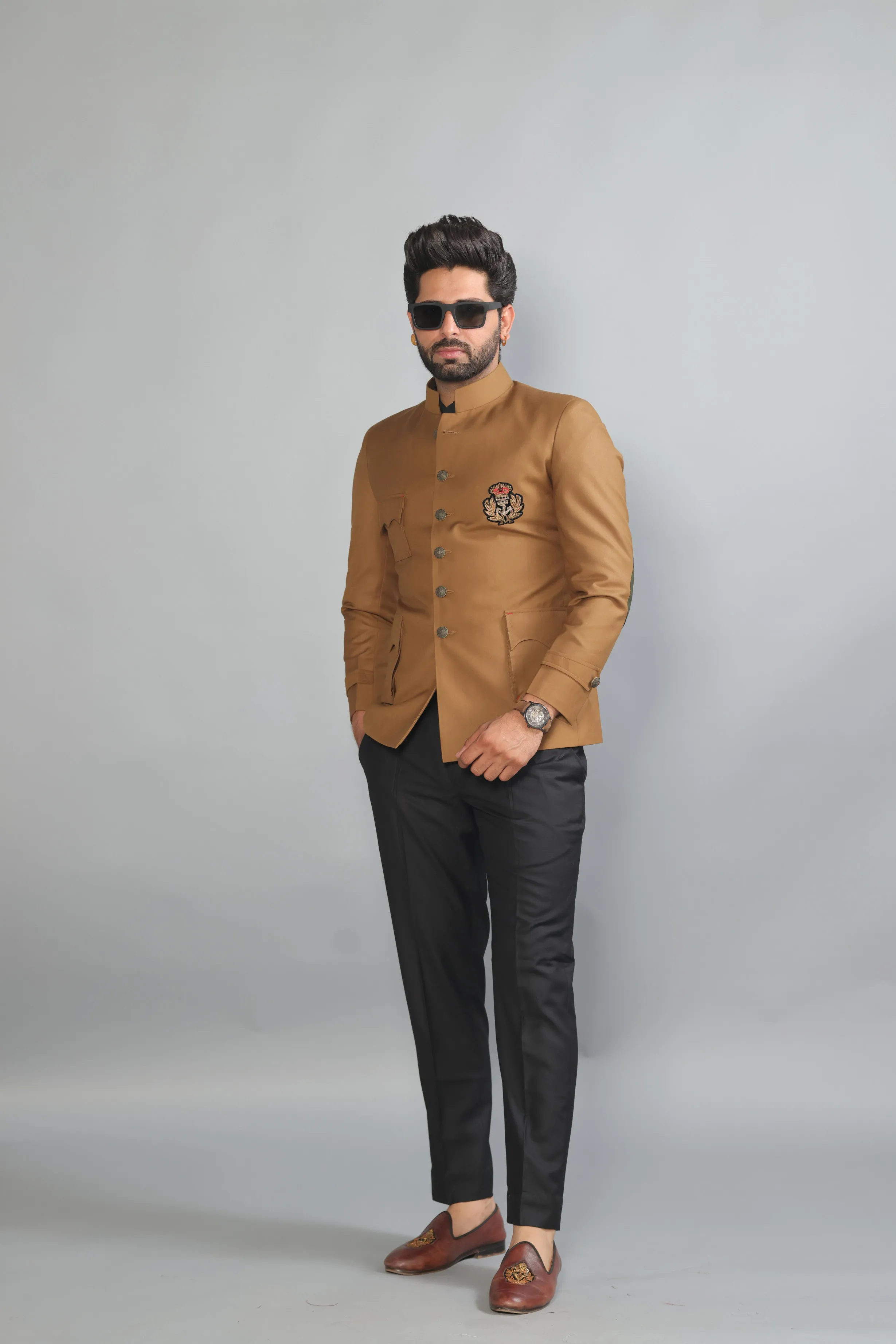 Stunning Camel Brown Bandhgala With Zardozi Embroidered Patch | Black Trouser | Free Personalisation Handmade | Perfect for Wedding and Party Wear |