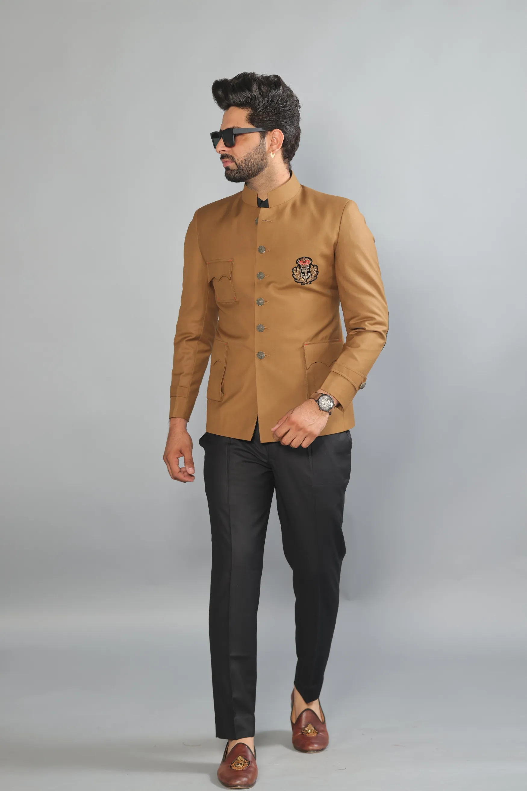 Stunning Camel Brown Bandhgala With Zardozi Embroidered Patch | Black Trouser | Free Personalisation Handmade | Perfect for Wedding and Party Wear |