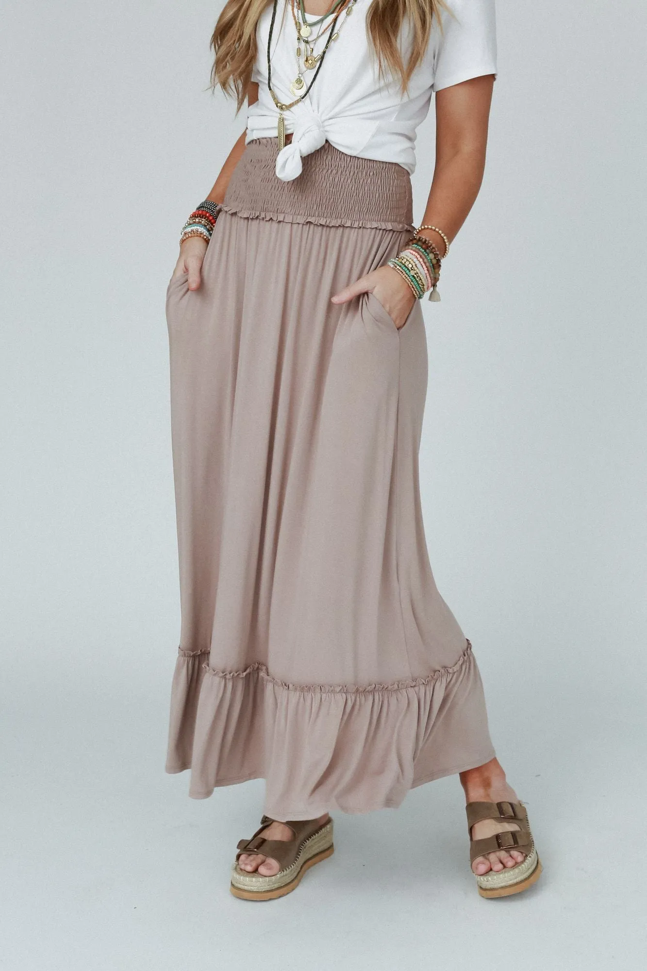 The Nest Rustic Romance Smocked Maxi Skirt - Dark Mocha