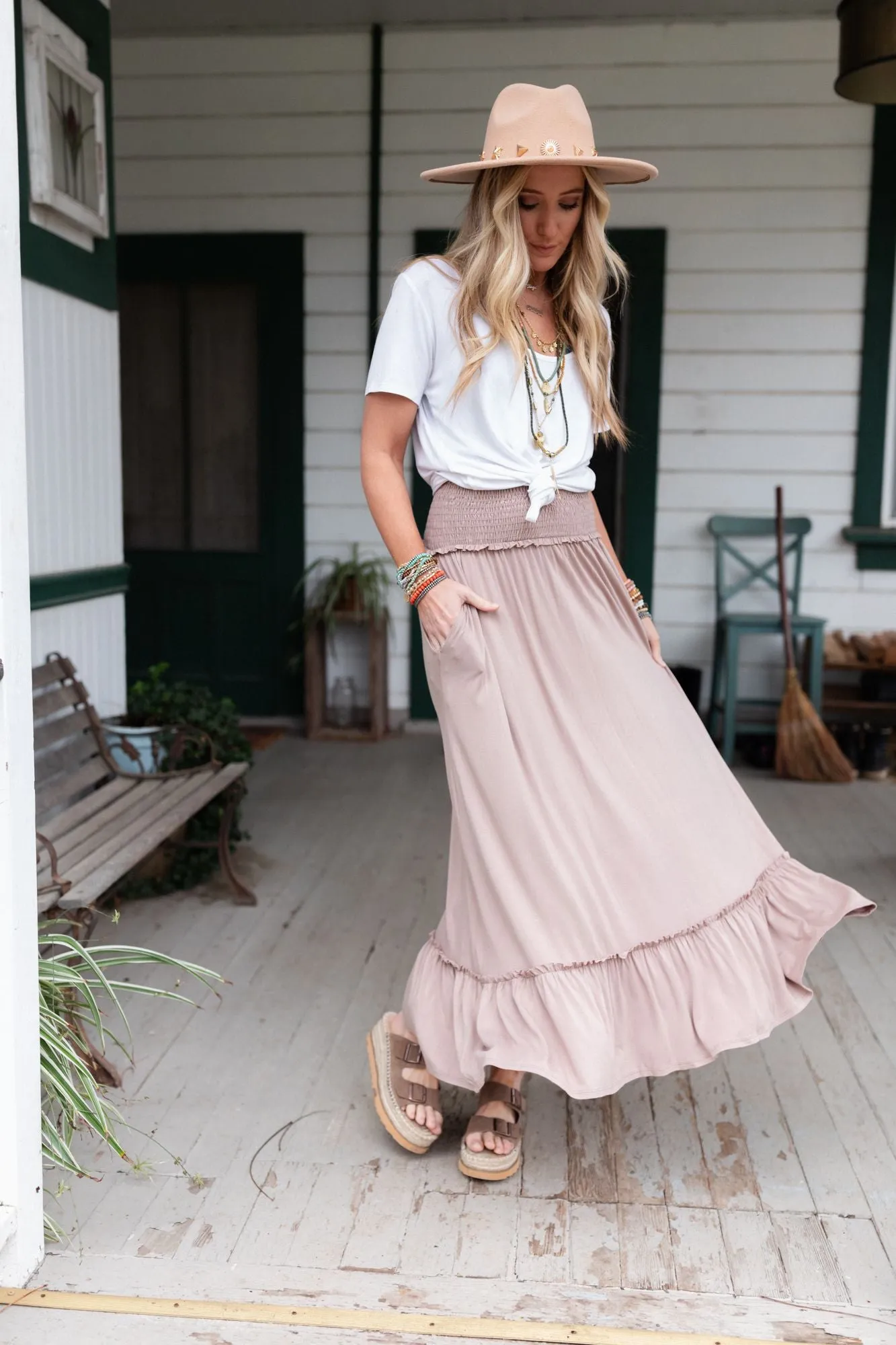 The Nest Rustic Romance Smocked Maxi Skirt - Dark Mocha