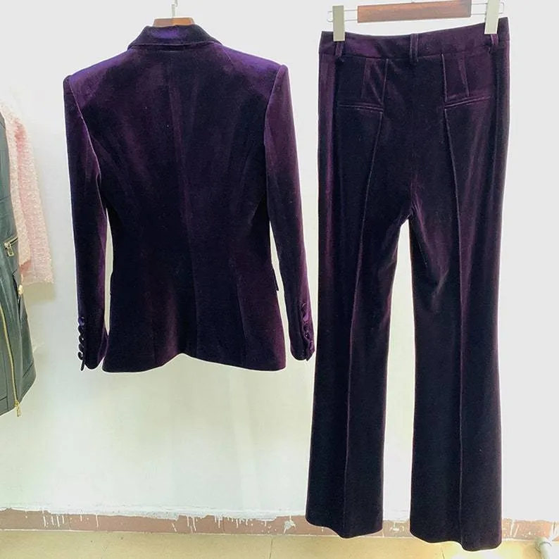 Women Green Velvet Blazer   Flare Trousers Suit