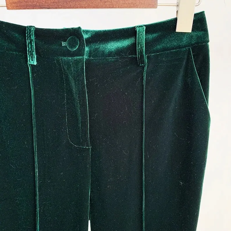 Women Green Velvet Blazer   Flare Trousers Suit