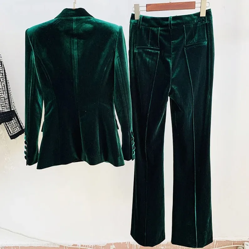 Women Green Velvet Blazer   Flare Trousers Suit